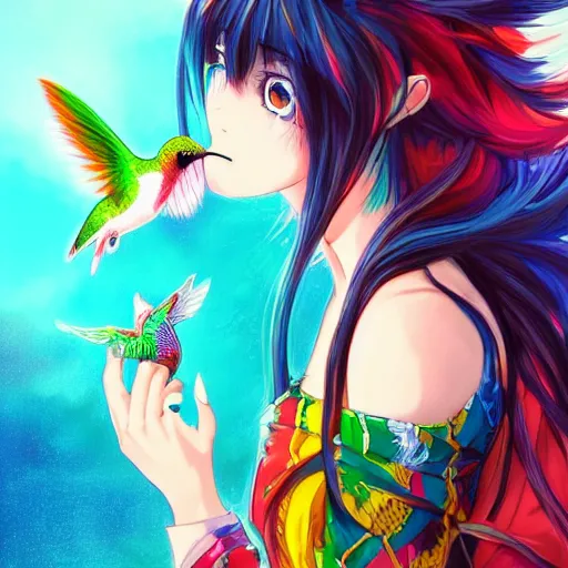 Prompt: anime painting frantic cute hummingbird phoenix phoenix phoenix zipping around, wanting to explore and investigate everything. it\'s curiosity is unbounded and insatiable, digital art, trending on artstation, stylized, colorful feathers, anime art by Kuvshinov Ilya, lariennechan, Aokamei