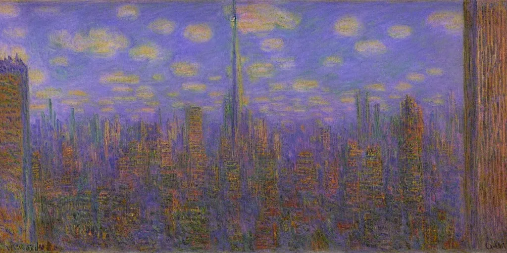 Image similar to unicorn in a futuristic cyberpunk town. By Claude Monet, highly detailed