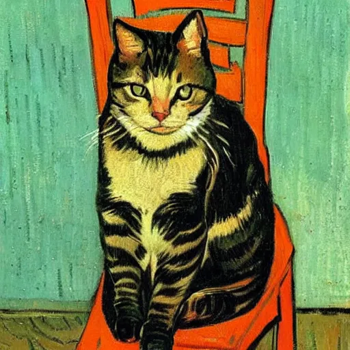 Image similar to painting of a cat on a chair, by Van Gogh