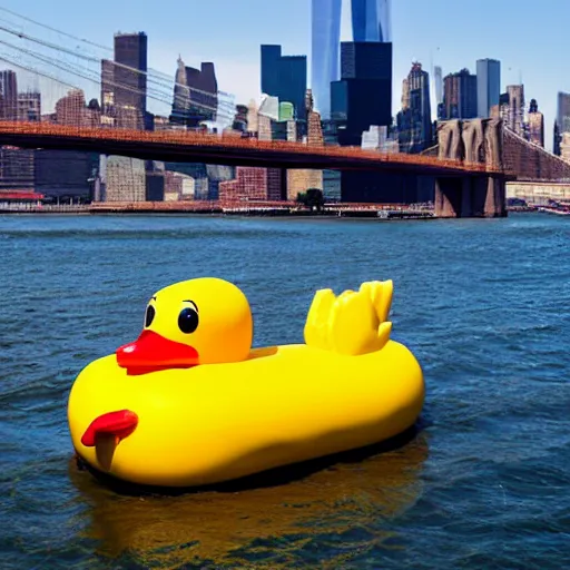 Image similar to a giant rubber ducky floating through new york harbor