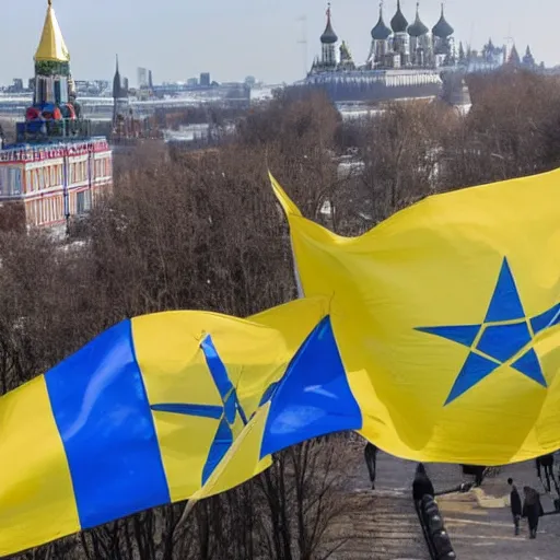 Image similar to A photo of Kremlin captured by Ukrainians with Ukrainian flags on top