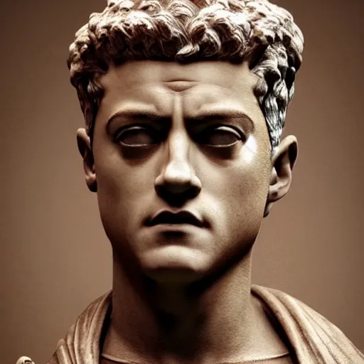 Prompt: rami malek as gorgeous statue of ancient roman emperor, 3 d photorealistic, high resolution render, museum photoshot, 8 k