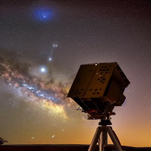 Prompt: a starlink satellite constellation flying over a starry sky with the milky way in the background, photography, beautiful, timelapse, astronomy