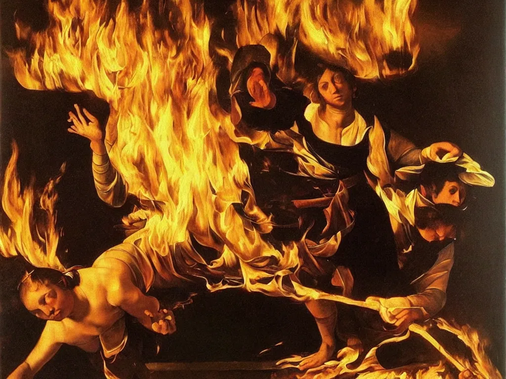 Prompt: Woman setting her home on fire. Painting by Caravaggio.