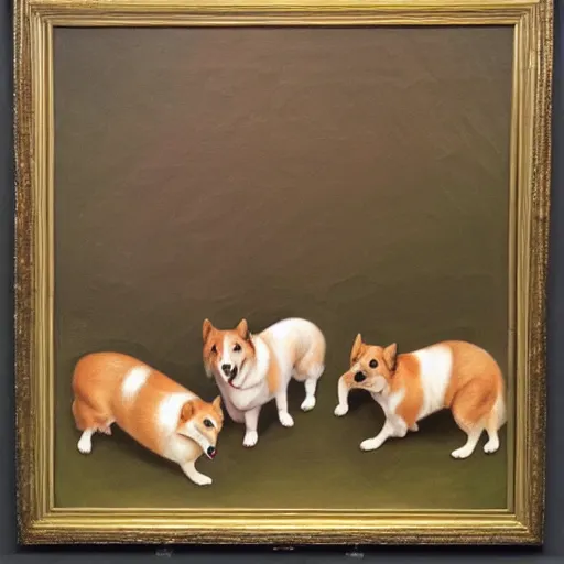 Image similar to highly detailed oil painting of corgis by bosch