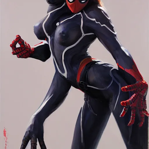 Prompt: greg manchess portrait painting of a light female venom iron spiderman as overwatch character, medium shot, asymmetrical, profile picture, organic painting, sunny day, matte painting, bold shapes, hard edges, street art, trending on artstation, by huang guangjian, gil elvgren, ruan jia, greg rutkowski, gaston bussiere