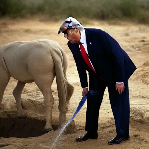 Image similar to national geographic professional photo of trump drinking from a watering hole, award winning