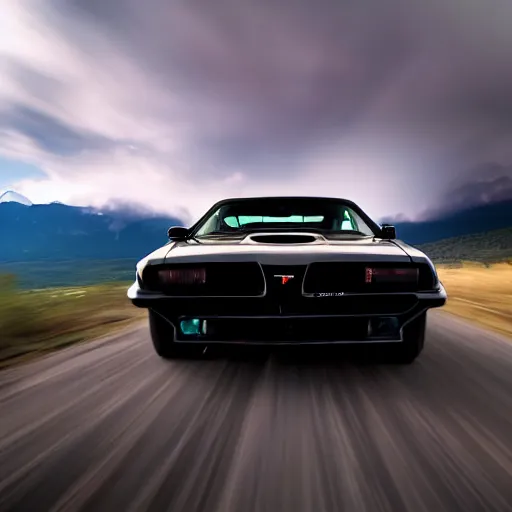 Image similar to black pontiac firebird trans - am driving towards the camera, mountain, valley, breathtaking mountains, lake, dynamic, sunrise, cinematic, motionblur, sunbeams, volumetric lighting, wide shot, low angle, large lightning storm