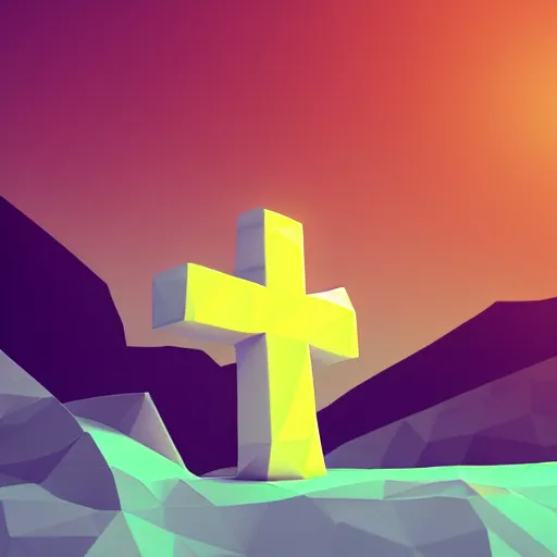 Image similar to vector, low poly, white cross icon, on a hill, sunset background, cgsociety, volumetric lighting, artstationhq