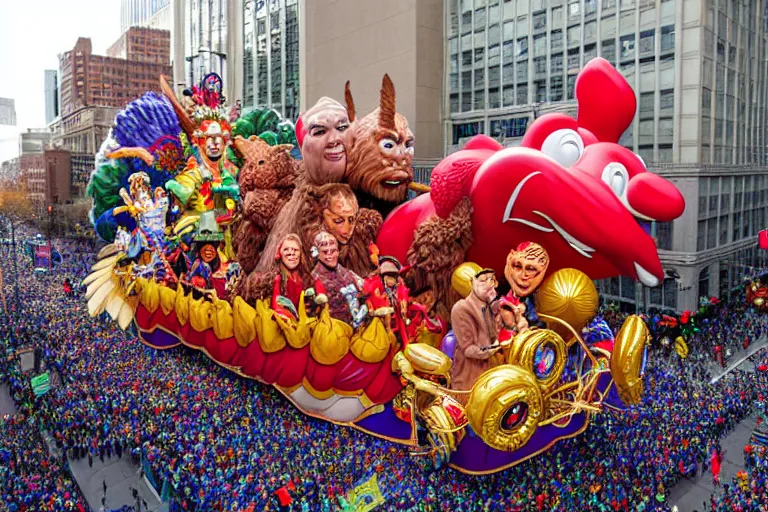 Prompt: photo of giant beautiful elaborate parade float designed by geoff darrow!!!! and ( ( ( ( ( ( chris's foss ) ) ) ) ) ), in the macys parade, detailed 4 k photo