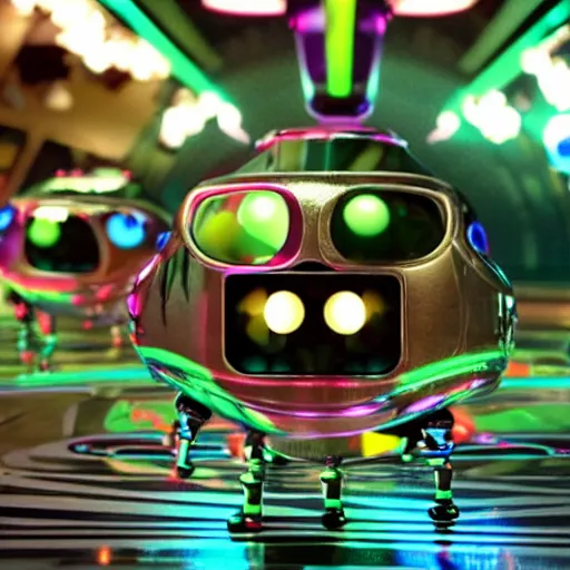 Image similar to promotional movie still wide - angle 3 0 m distance. nanorobots ( ( cat ) ) 1 million into the future ( 1 0 0 2 0 2 2 ad ). super cute and super deadly. nanorobots like disco music, disco balls, dance - off contests. dramatic lighting, cinematic lighting, octane 3 d. style saturday night fever ( film )