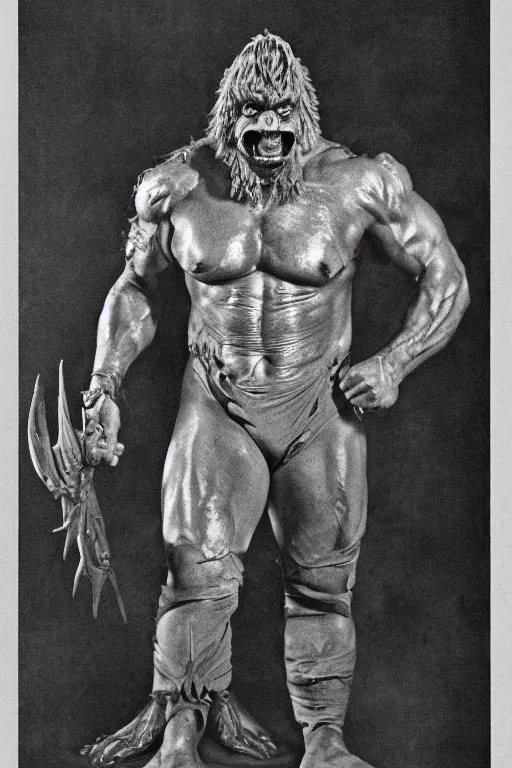 Image similar to beast man from masters of the universe, portrait, full body, symmetrical features, silver iodide, 1 8 8 0 photograph, sepia tone, aged paper, sergio leone, master prime lenses, cinematic