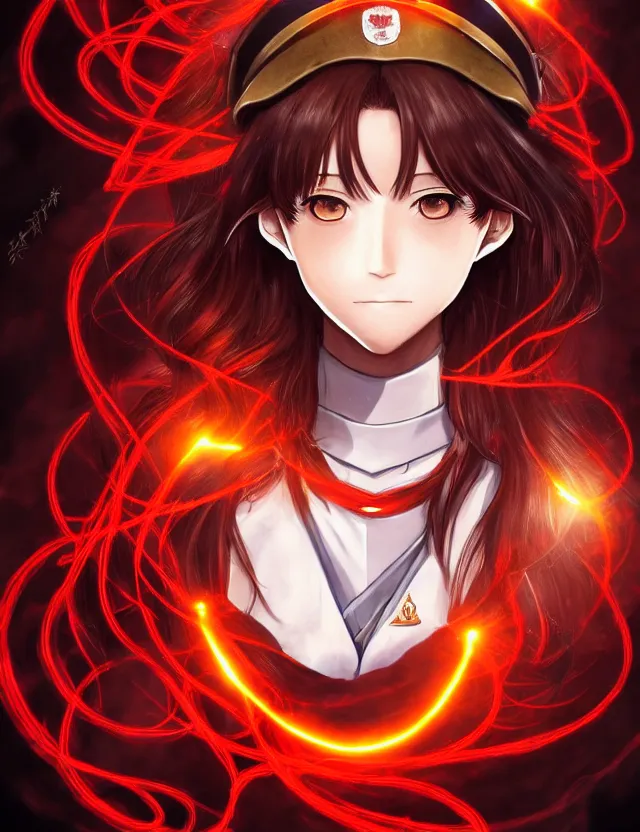 Image similar to a detailed manga portrait of a beautiful brown haired woman in a military uniform glowing with swirling red energy, trending on artstation, digital art, 4 k resolution, detailed, high quality, sharp focus, hq artwork, coherent, insane detail, character portrait