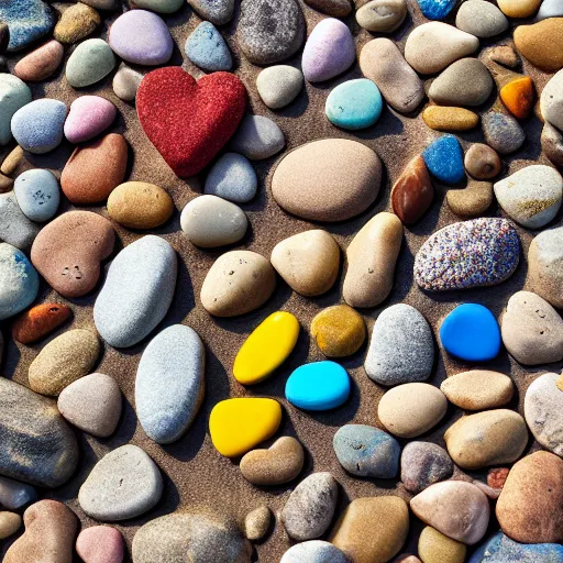 Image similar to sea shore of a pebble beach, pebbles are shaped like hearts, mate colors, sunny day, award winning photography, 4K