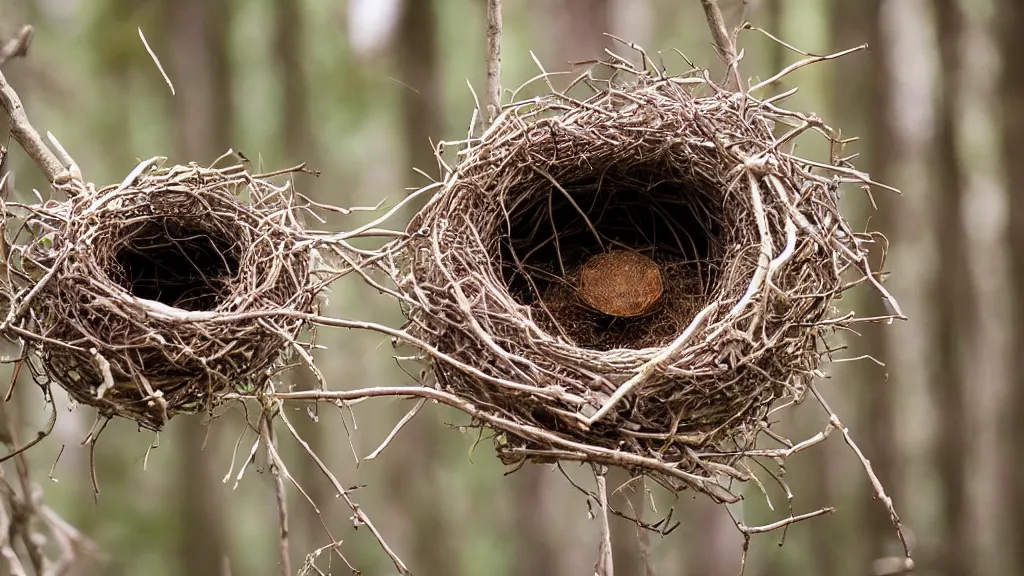Prompt: a telephoto lens sample of a bird's nest on a branch in the woods