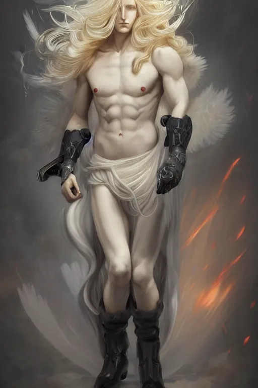 Image similar to digital art of a pale menacing male Cyborg Angel of Battle with fluffy blond curls of hair and piercing eyes, johan liebert mixed with Dante, central composition, he commands the fiery power of resonance and wrath, very very long blond curly hair, baroque curls, by WLOP, Artstation, CGsociety