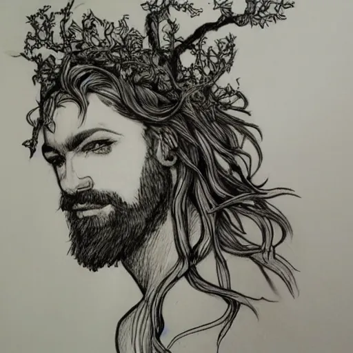 Image similar to male firblog druid with vines as hair flower in his hair detailed drawing