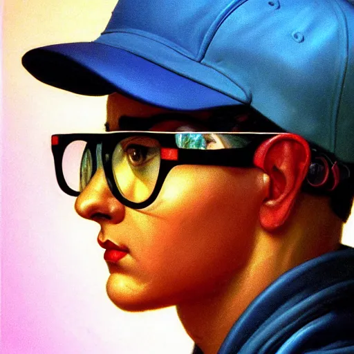 Prompt: a baroque neoclassicist close - up side profile portrait of a colorful retrofuturistic blacklight uv cyborg boy with a baseball hat and glasses, glowing fog in the background. renaissance portrait painting. highly detailed science fiction painting by norman rockwell, frank frazetta, and syd mead. rich colors, high contrast, gloomy atmosphere, dark background. trending on artstation