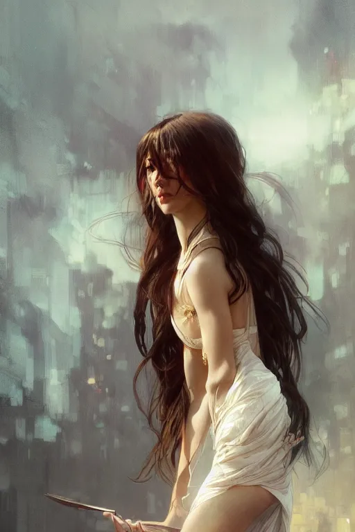 Prompt: long hair girl, portrait, daylight background, high detail, concept art, digital art, illustration, smooth, sharp focus, greg rutkowski, alphonse mucha, trending on artstation, trending on deviantart,