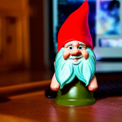 Image similar to a gnome that lives inside your computer, cryptid, photograph, whimsical