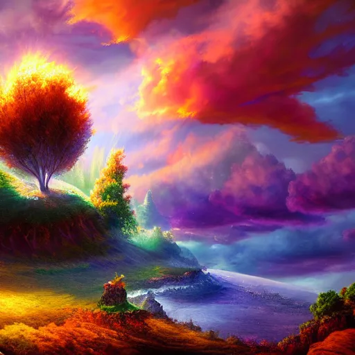 Prompt: a real photographic landscape painting with incor mparable reality, the phoenix, colorful clouds, fairy talelight effect dream, dindar lightgreg rutkowskiunreal engine, super realistic painting g style, super wide, artstation - - h 7 6 8