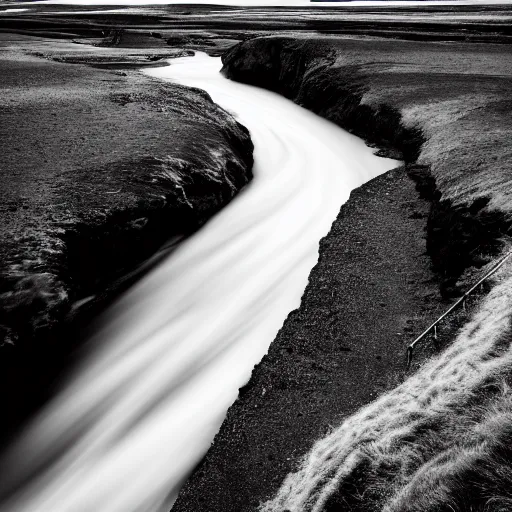 Image similar to minimalist black and white photograph, of an icelandic canyon, time exposure, of a river, in the style of denis villeneuve