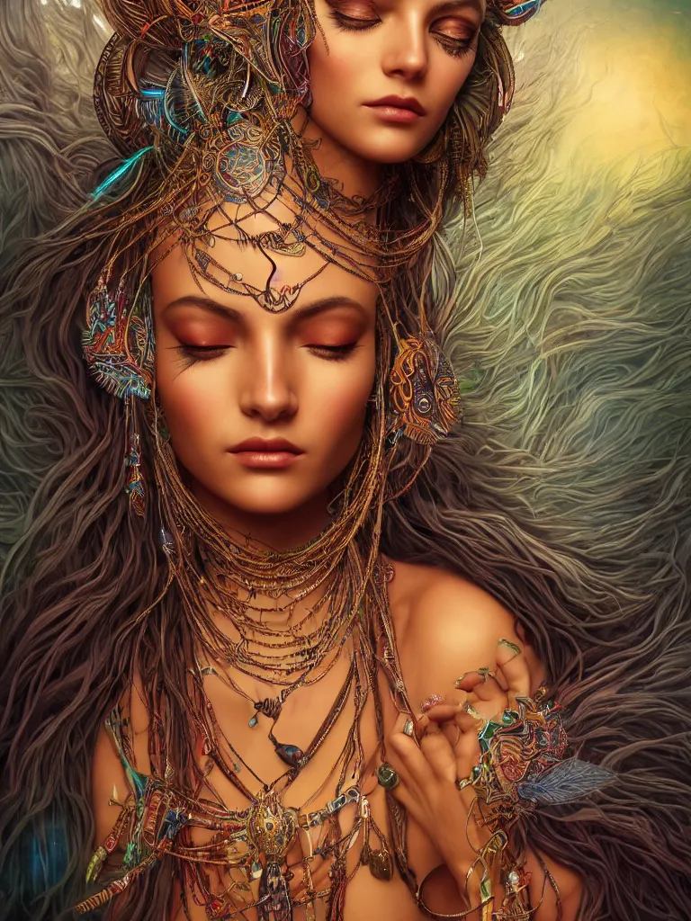 Prompt: a centered render of an alluring mystical tribal goddess adorned with feathers and gemstones and cables and synthesizer parts is surrounded by sacred geometry made from elven architecture, full body, gorgeous face, perfect face, powerful, cinematic, beautifully lit, by artgerm, by karol bak, 3 d, trending on artstation, octane render, 8 k