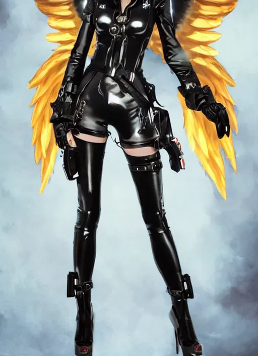 Image similar to full body artwork of tracer overwatch, wearing black latex outfit, in style of mark arian, angel wings, dramatic painting, wearing detailed leather collar, black shiny armor, chains, black harness, detailed face and eyes,