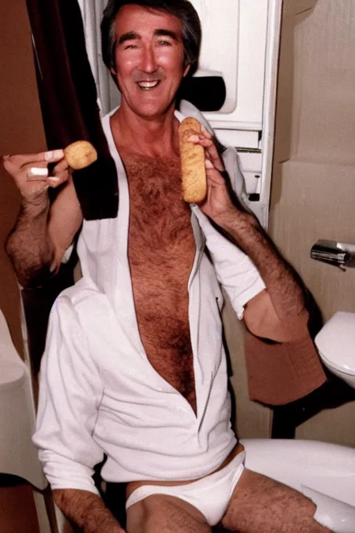 Image similar to randy mantooth in white underpants, eating a chocolate twinkie, sitting on a dirty toilet