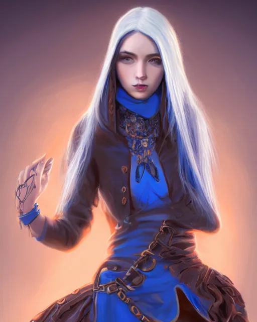 Image similar to A mysterious girl with hooded cobalt-blue eyes and silky white hair, guitar shape build, her wardrobe is attractive, full body, fantasy art, in the style of Fernando Juarez, illustration, epic art, fantasy, intricate, elgant, amazing detail, digital painting, artstation, concept art, smooth, sharp focus