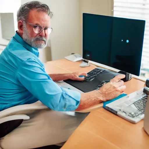 Image similar to caucasian man with turquoise shirt sitting in front of computer with large webcam! mounted on top