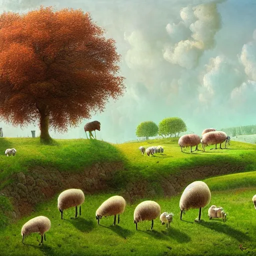 Image similar to sheep in pastoral scene, verdant valley, splendor, by gediminas pranckevicius