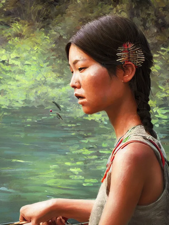 Prompt: an ultradetailed beautiful portrait painting of an female tribe native fishing in a redwood forest lake, side view, oil painting, high resolution, by ilya kuvshinov, greg rutkowski and makoto shinkai