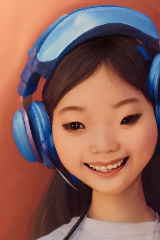 Prompt: a painting of cute Asian girl smiling, scifi headset, in the style of Pixar animation, low angle view, 16mm lens, award winning, hyper detailed, dramatic lighting, artstation, octane renderer, unreal engine