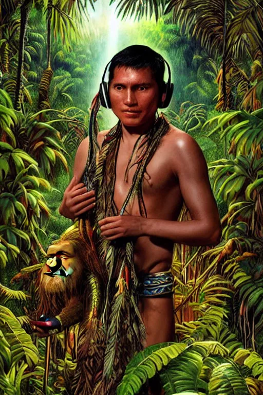 Prompt: an indigenous ecuadorian huaorani young man with headphones playing with korg mini in the jungle, poster art by daniele caruso, benediktus budi, jason edmiston, vc johnson, powell peralta, volumetric light, foggy ambience