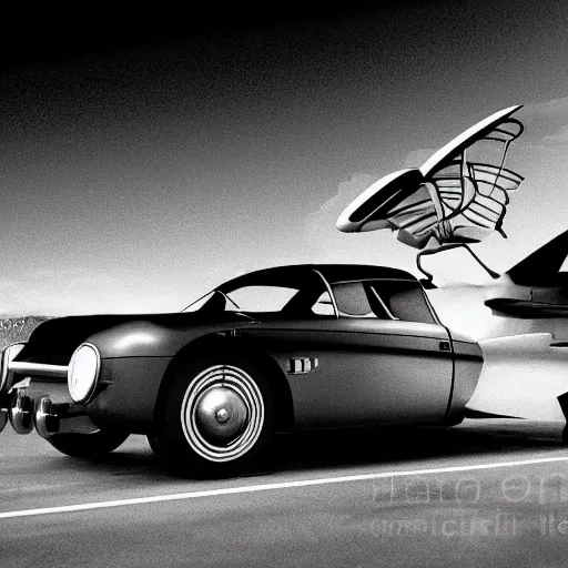 Image similar to an oldie car with wings and turbine, cyber punk, black-white retro photo