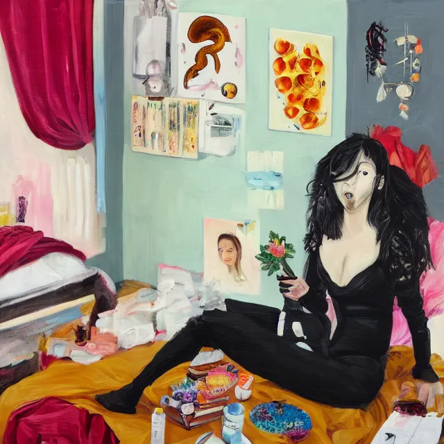 Prompt: a portrait in a female artist's bedroom, black walls, girl eating pancakes, emo t - shirt, sheet music, berries, surgical supplies, handmade pottery, flowers, sensual, octopus, neo - expressionism, surrealism, acrylic and spray paint and oilstick on canvas