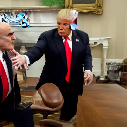 Prompt: news still of a drunk rudy giuliani and donald trump, 4 k, professional