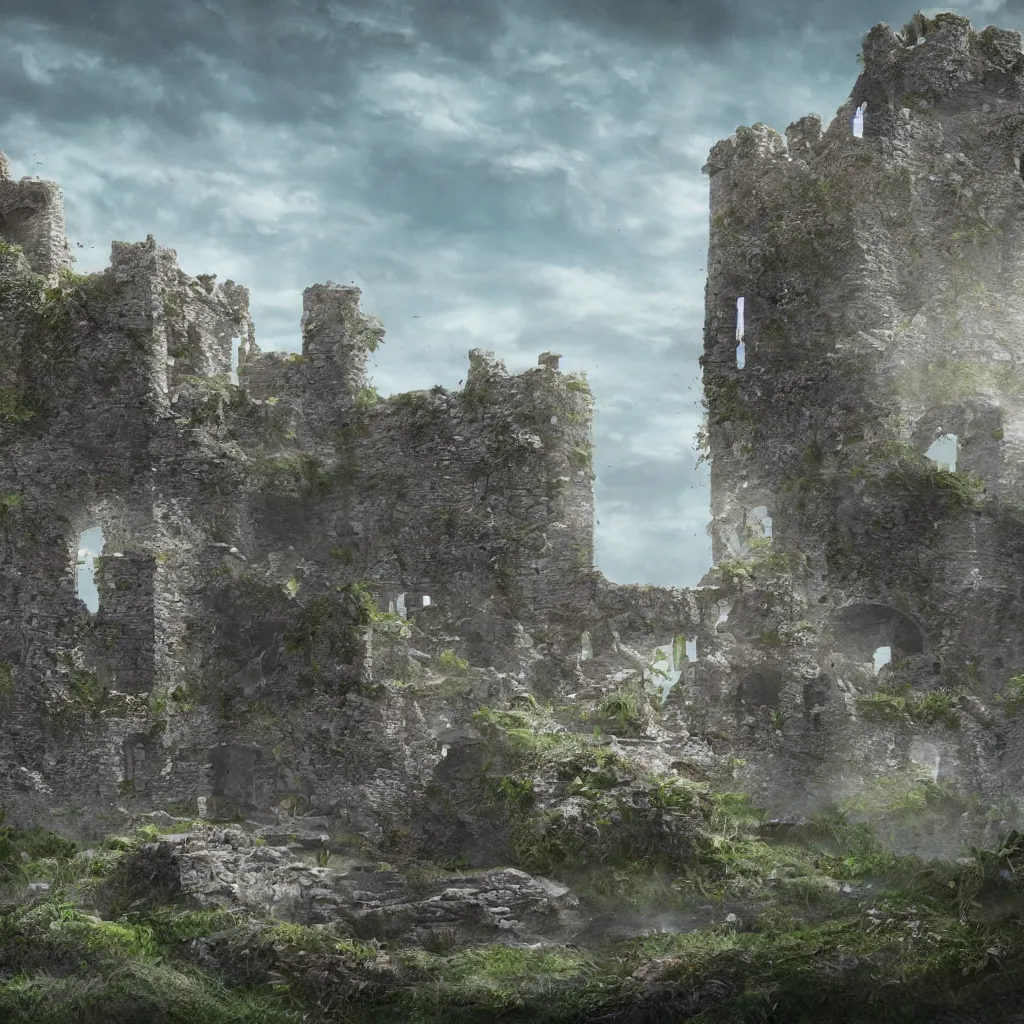 Image similar to looking up at a ruined castle on a small island only reachable by a small land bridge, 8 k, ultra realistic cinematic, intricate, cinematic light, concept art, illustration, art station