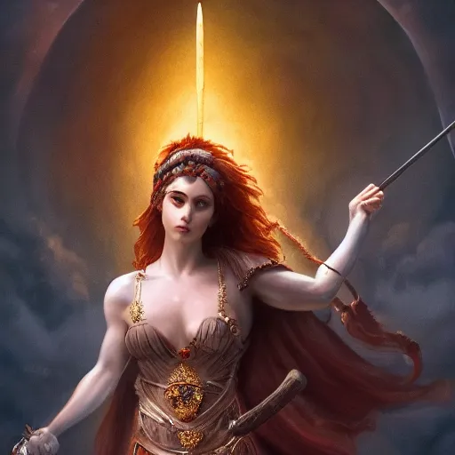 Image similar to beautiful gorgeous Persephone with the prettiest eyes the world has seen with a spear in her hand guiding the gargoyles back where they belong, goddess of life and death, cinematic lighting, high quality 8k hd, oil on canvas, hyper realistic art