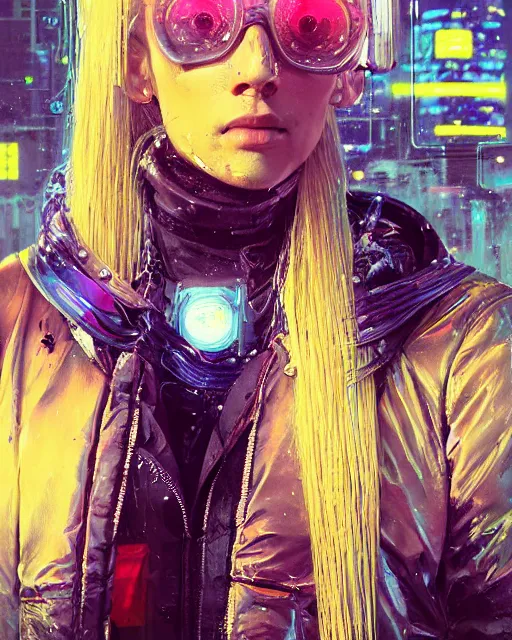 Prompt: detailed portrait of neon operator lady, long platted blonde hair, cyberpunk futuristic, reflective puffy coat, decorated with traditional japanese by ismail inceoglu dragan bibin hans thoma greg rutkowski alexandros pyromallis nekro rene margitte, illustrated, perfect face, fine details, realistic shading, fine - face, beautiful face, sweaty,
