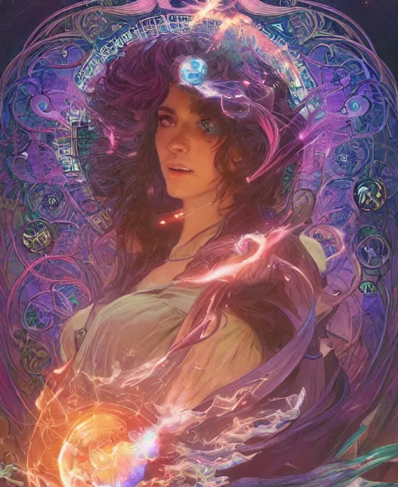 Image similar to a trading card of a wizard surrounded by a whirlwind of magical particles ushing inside the metaverse, half body, fantasy, intricate, elegant, highly detailed, colorful, vivid color, digital painting, artstation, concept art, art by artgerm and greg rutkowski and alphonse mucha and ruan jia