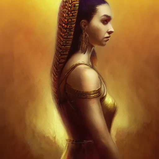 Image similar to Cleopatra portrait, atmospheric lighting, painted, intricate, volumetric lighting, beautiful, rich deep colors masterpiece, golden hour, sharp focus, ultra detailed, by Leesha Hannigan, Ross Tran, Thierry Doizon, Kai Carpenter, Ignacio Fernández Ríos