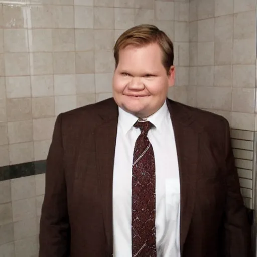 Image similar to Andy Richter is wearing a chocolate brown suit and necktie. Andy is standing under a running shower. The suit and necktie are soaking wet.