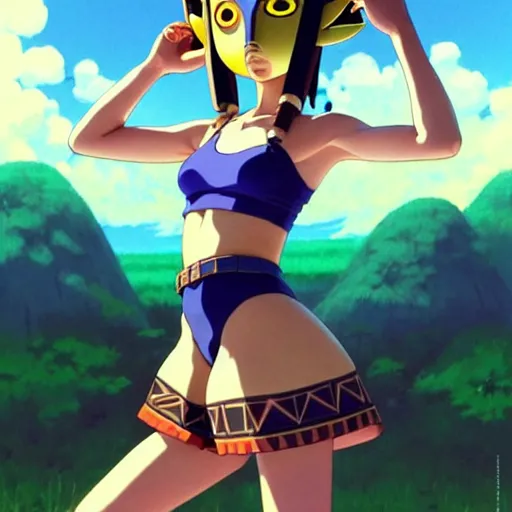 Image similar to beautiful boyish natalie portman gravure model in majora's mask, wearing wooden mask and baseball cap and leotard, street wear with subtle mayan patterns, aztec bathing suit, gapmoe yandere grimdark, trending on pixiv fanbox, painted by greg rutkowski makoto shinkai takashi takeuchi studio ghibli, akihiko yoshida