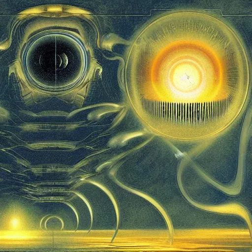 Image similar to The first artificial general intelligence awakens - award-winning digital artwork by Azimov, Dali, H. R. Giger, and Dali. Stunning lighting