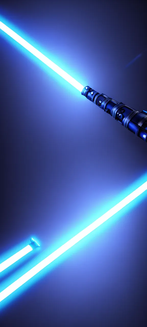 Image similar to detailed cinematic render, of a blue cyberpunk lightsaber lying vertically, in a dark room, photo from above, octane render 8 k, digital art, lightsaber wallpaper 4 k, ray tracing, jedi fallen order lightsaber wallpaper 4 k, cal kestis lightsaber wallpaper