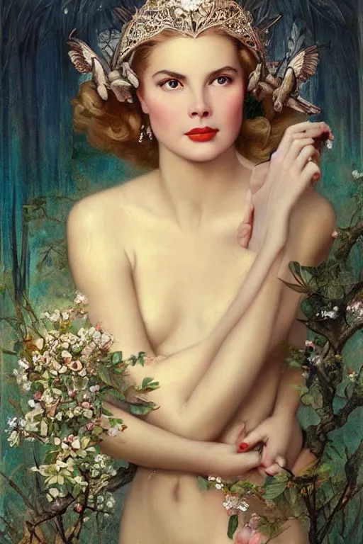 Image similar to A young and extremely beautiful Grace Kelly explaining the birds and the bees by Tom Bagshaw in the style of a modern Gaston Bussière, art nouveau, art deco, surrealism. Extremely lush detail. Melancholic night scene. Perfect composition and lighting. Profoundly surreal. High-contrast lush surrealistic photorealism. Sultry and mischievous expression on her face.