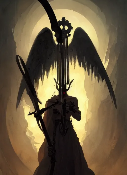 Image similar to a portrait of a beautiful angel of death holding a large scythe by marco bucci and greg rutkowski and frank frazetta, sharp focus, detailed, cinematic, closeup