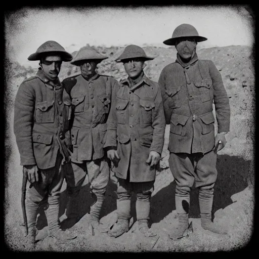 Prompt: ultra detailed photorealistic sepia - toned photo from 1 9 1 7, three clean - shaven british soldiers standing with two bedouin traders, at an archaeological dig site, ultra realistic, painted, intricate details, lovecraft, atmospheric, dark, horror, brooding, highly detailed, by clyde caldwell